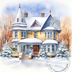 Noël victorien maison scènes des cliparts 10 Xmas House Clip Art aquarelle Noël Clipart Bundle en téléchargement numérique carte d'invitation imprimable