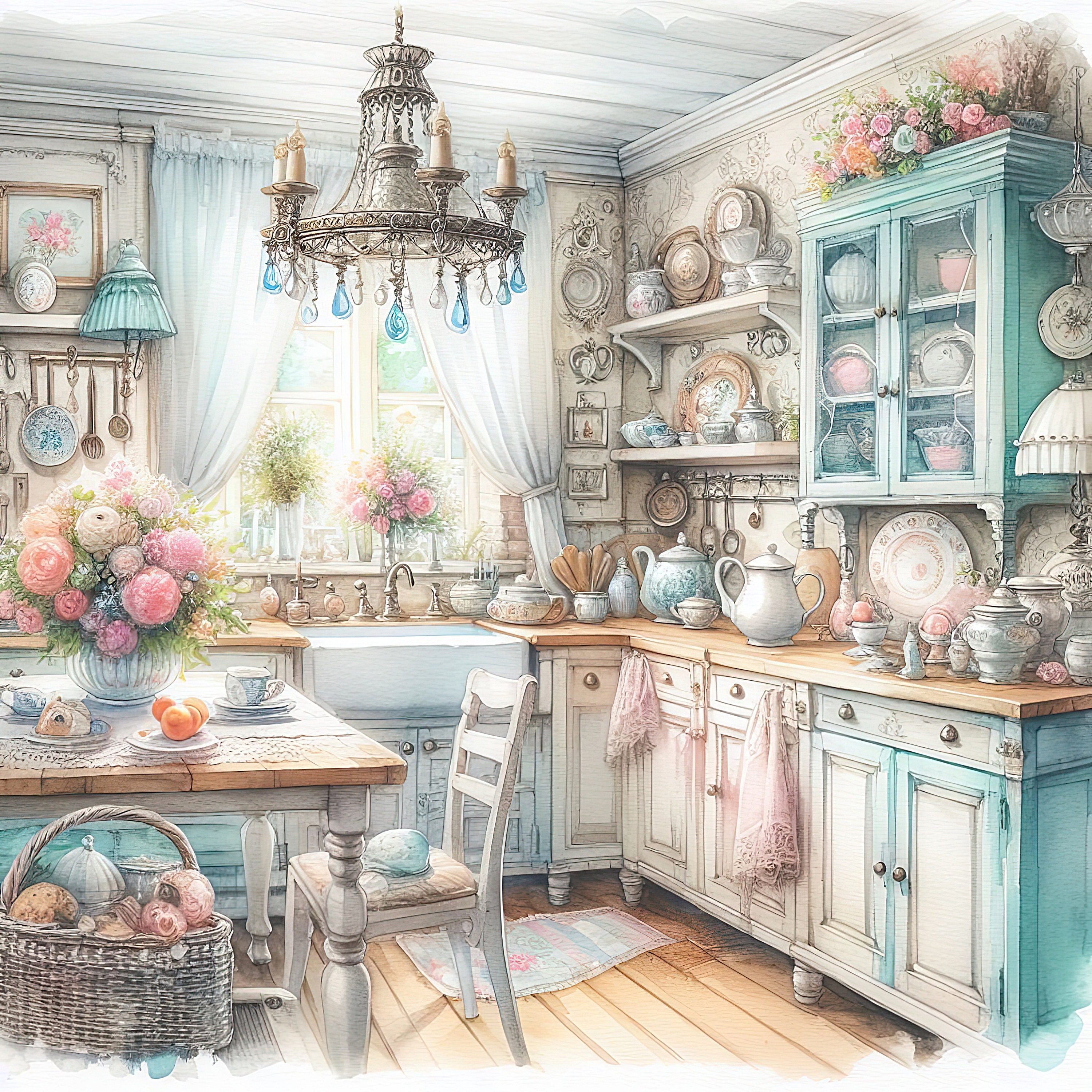 Watercolor Shabby Chic Sunny Kitchen Clipart Kitchen Vintage Clip Art ...