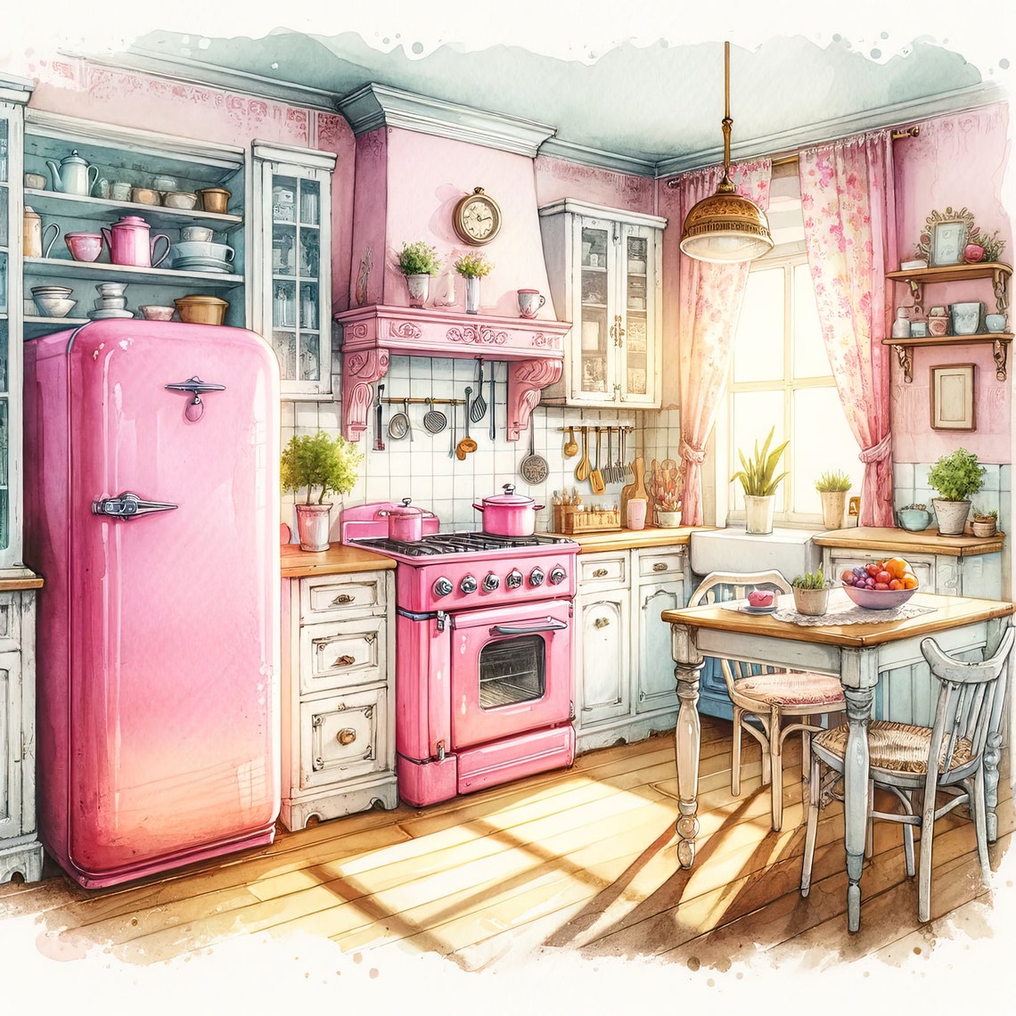 Watercolor Shabby Chic Retro Kitchen Clipart Pink Kitchen Vintage Clip ...