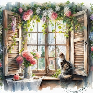 May include: A watercolour painting of a window with white lace curtains and a cat sitting on the windowsill. The window is surrounded by green vines with pink and white flowers. There is a vase of pink flowers on the windowsill.
