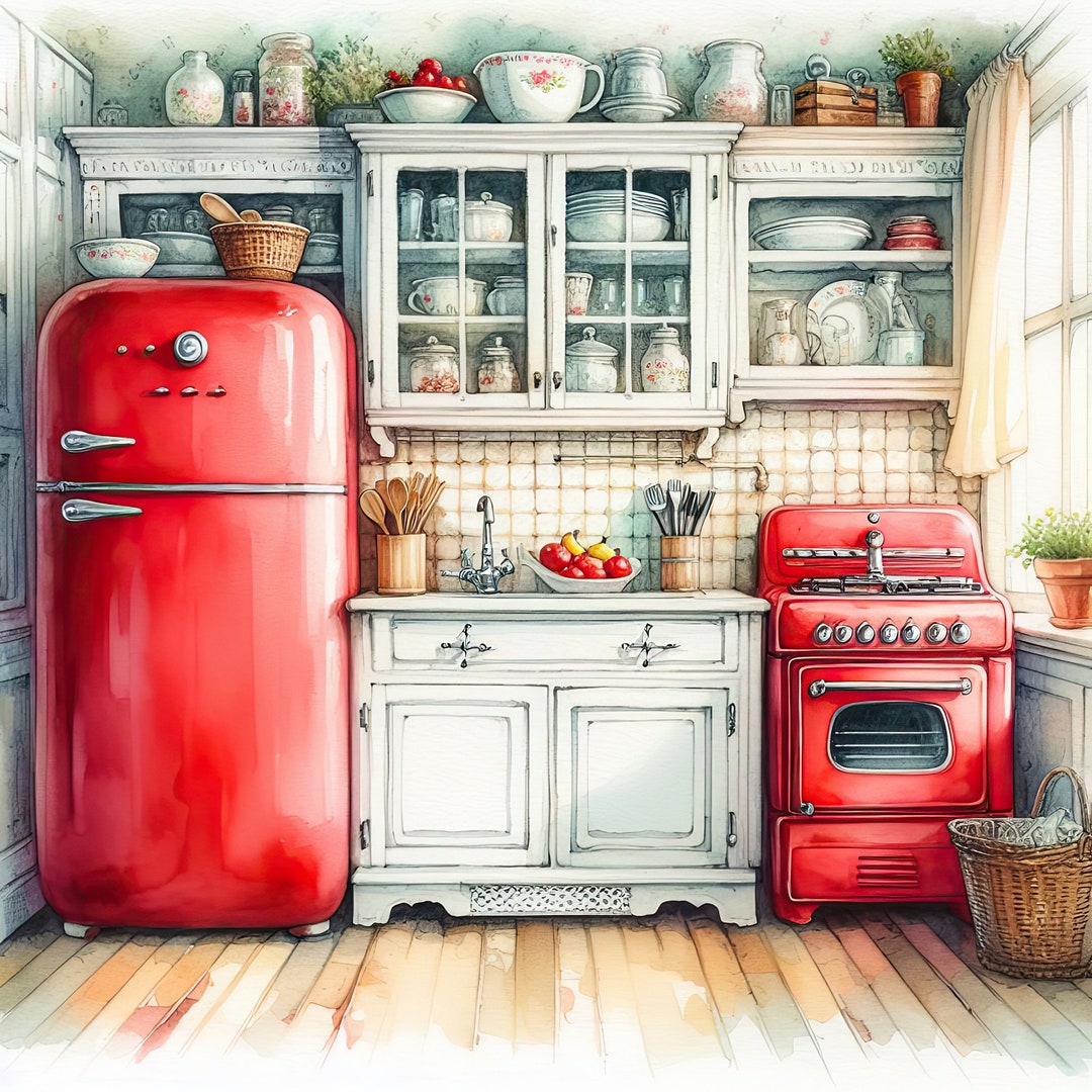 Watercolor Retro Red Kitchen Clipart Vintage Kitchen Clip Art Watercolor Clipart Bundle Digital ...