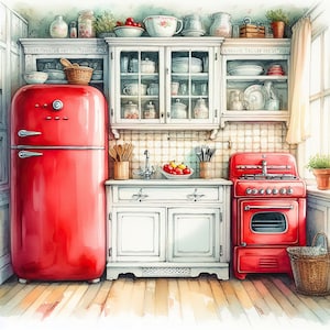 Watercolor Retro Red Kitchen Clipart Vintage Kitchen Clip Art Watercolor Clipart Bundle Digital Download Printable Wall Art Scrapbook