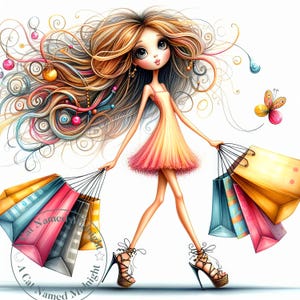 Quirky Girl Shopper Clipart 13 High Quality JPGs Whimsical Girl at the Mall Shopping Clip Art Images Art Digital Download Printable