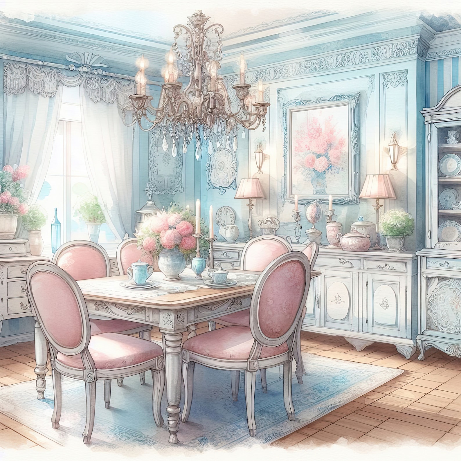 Watercolor Shabby Chic Dining Room Clipart French Dining Room Vintage ...