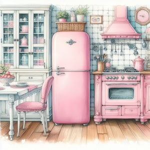 May include: A pink retro refrigerator and stove in a kitchen with white cabinets and a tiled backsplash. The refrigerator has a freezer compartment on top and a large door on the bottom. The stove has a black top with four burners and a pink oven door.