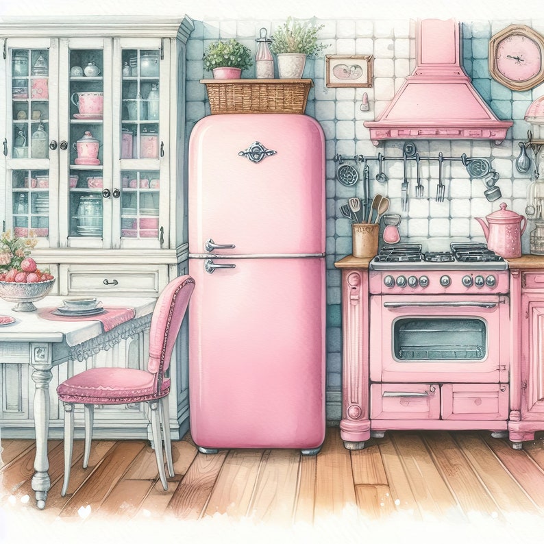 May include: A pink retro refrigerator and stove in a kitchen with white cabinets and a tiled backsplash. The refrigerator has a freezer compartment on top and a large door on the bottom. The stove has a black top with four burners and a pink oven door.