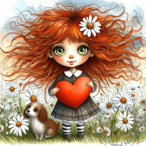 Cute Girl Holding a Heart with Her Dog in a Field of Daisies Clipart 12 JPGs Watercolor Clipart Valentine Images Digital Download Printable