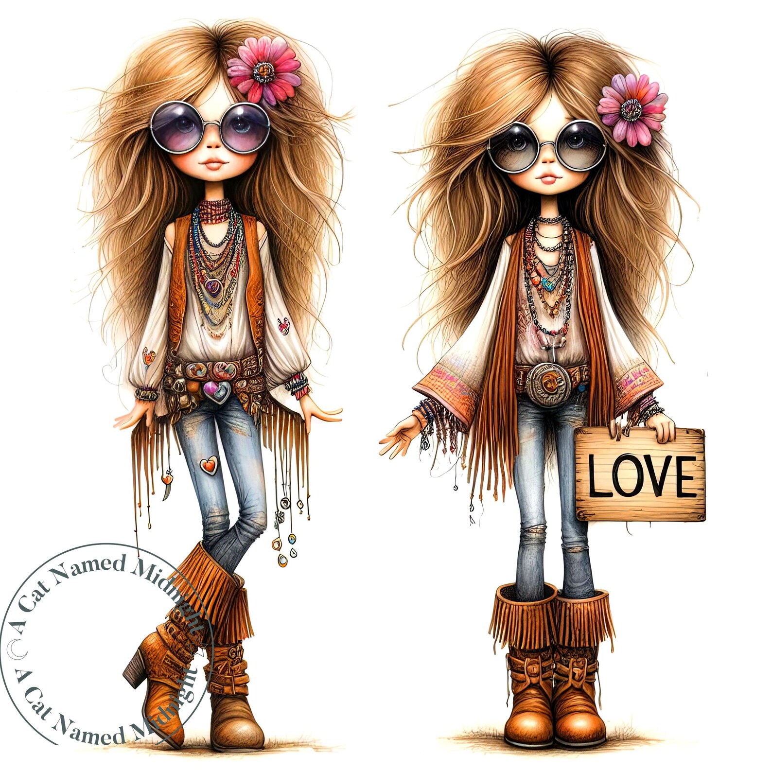 Whimsy Hippy Quirky Hippy Girl Clipart 11 JPG Whimsical Watercolor Clip Art Woman ...