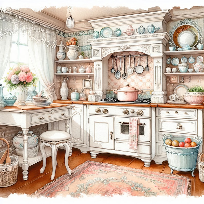 Watercolor Shabby Chic Kitchen Clipart French Kitchen Vintage Clip Art ...
