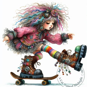 Quirky Girl Skateboarder Clipart 12 JPG Whimsical Watercolor Clip Art Skateboarding Images Nursery Art Bundle Digital Download Printable