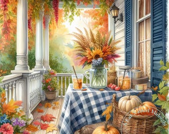 May include: Watercolor painting of a porch decorated for autumn. A table with a blue and white checkered tablecloth holds a bouquet of sunflowers and wheat in a mason jar, drinks, and pumpkins. A basket of pumpkins sits nearby. Fall leaves and flowers decorate the porch.