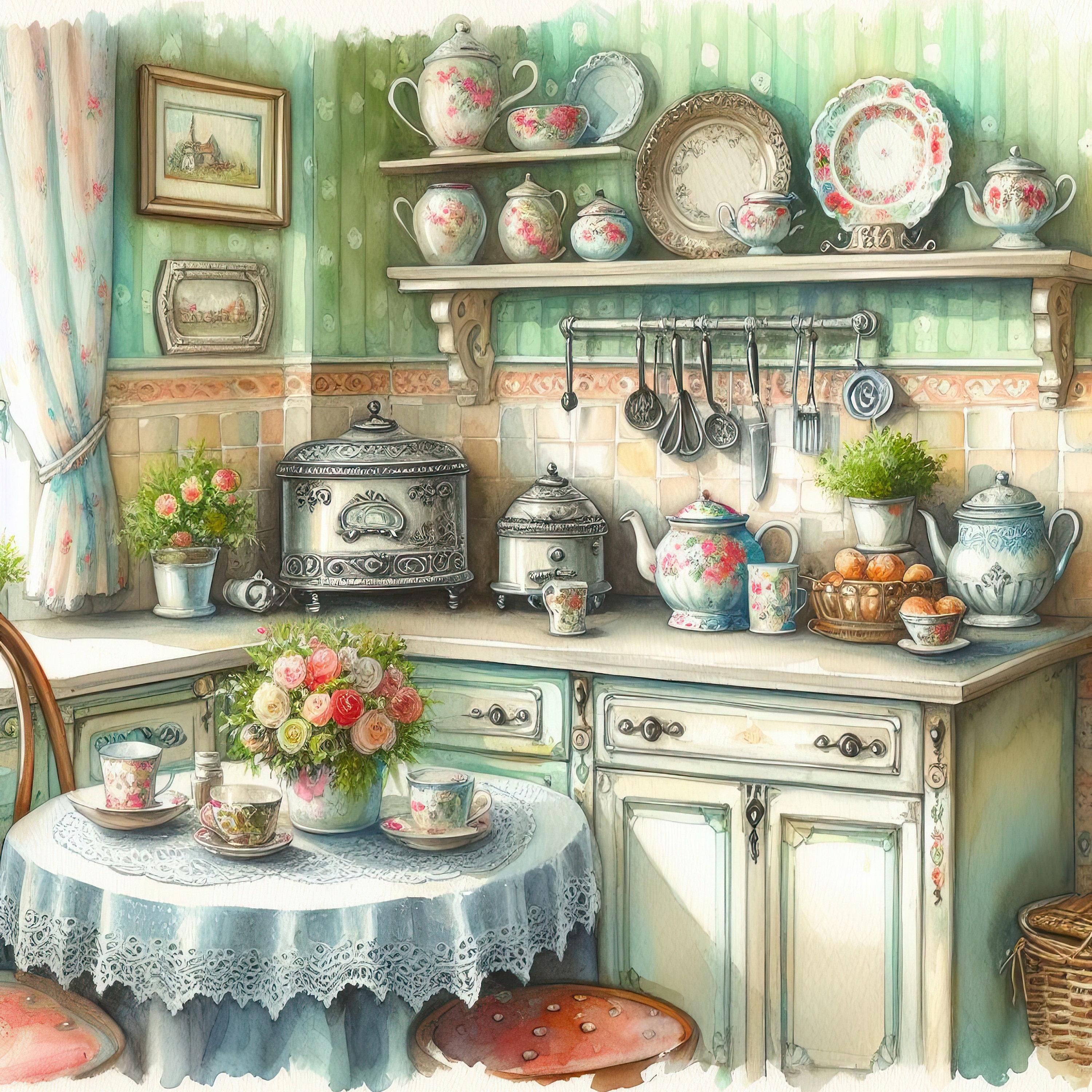 Watercolor Shabby Chic Kitchen Clipart Cottage Kitchen Counters Vintage ...
