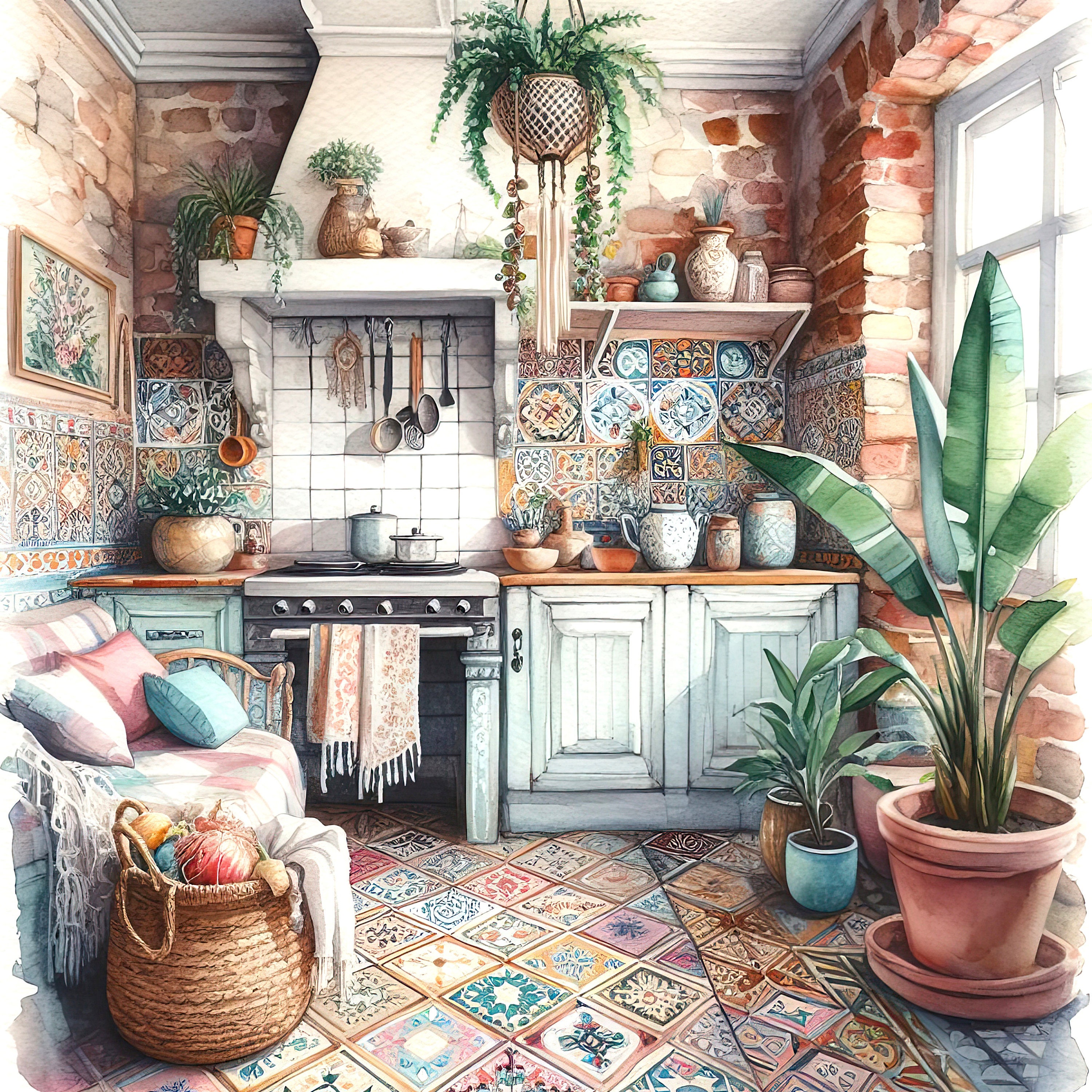 Watercolor Boho Kitchen Clipart Kitchen Vintage Clip Art Watercolor ...
