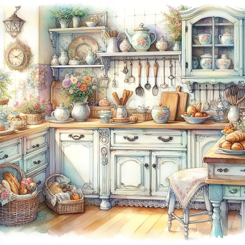 Watercolor Shabby Chic Kitchen Clipart Kitchen Counters Vintage Clip ...