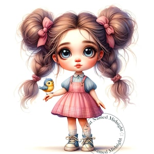 Imágenes prediseñadas de una linda chica peculiar y un pájaro, 10 archivos JPG de alta calidad, imágenes prediseñadas de una linda chica caprichosa, arte infantil, descarga digital, arte imprimible