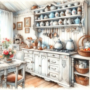 Watercolor Shabby Chic Kitchen Clipart French Kitchen Vintage Clip Art ...