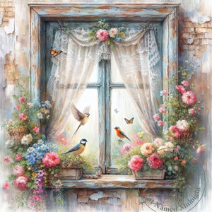 May include: A vintage window with lace curtains and colorful flowers in pots. Three birds are perched on the windowsill, with butterflies flying outside. The window is painted in a light blue color with a weathered wooden frame.