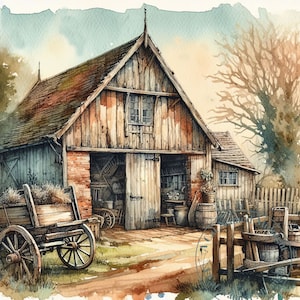 May include: A watercolor painting of a rustic wooden barn with a weathered facade and a large wooden door. The barn is surrounded by lush greenery and a vintage wooden wagon with a hay bale in the back.