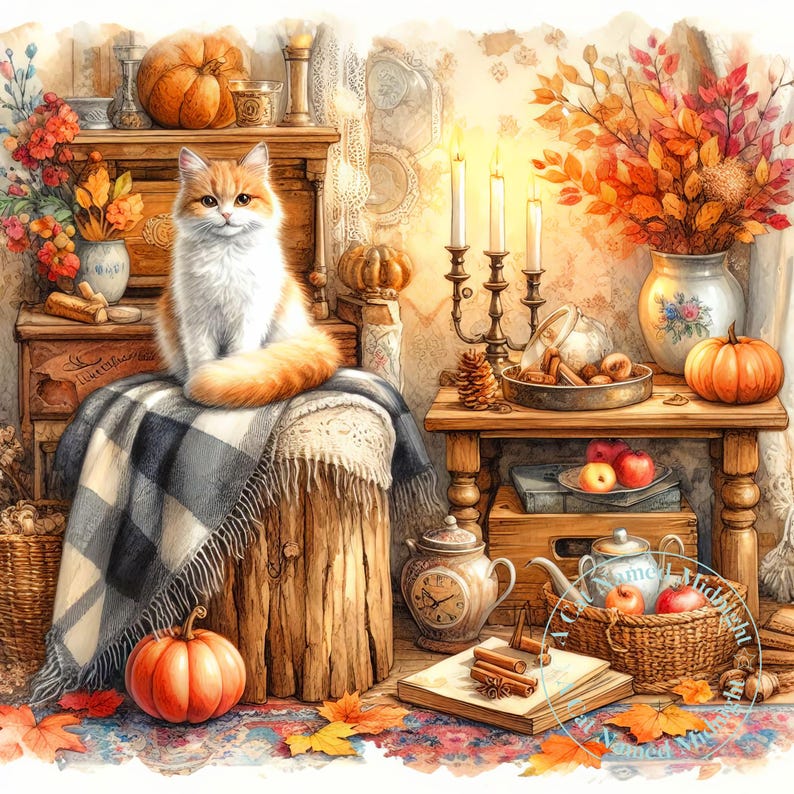 Clipart automne confortable chats 10 Images aquarelle chat Clip Art Floral automne chats vintage téléchargement numérique image 1