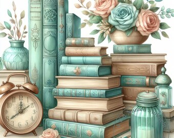 Op de afbeelding: Een vintage stilleven met een stapel antieke boeken met bloemmotieven. De boeken zijn gebonden in tinten blauw en bruin, met ingewikkelde ontwerpen op de omslagen. Een boeket roze en blauwe bloemen staat in een decoratieve vaas en voegt een vleugje elegantie toe aan de scène.