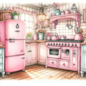 May include: A pink vintage kitchen with a pink refrigerator, a pink stove, and pink cabinets. The stove has a black top and a black oven door. There are pink and white floral decorations on the walls.