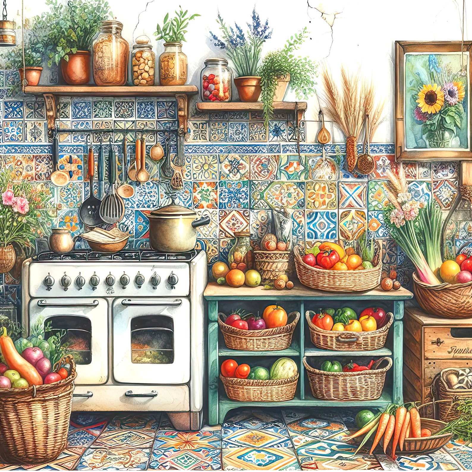 Watercolor Boho Kitchen Clipart Kitchen Vintage Clip Art Watercolor ...