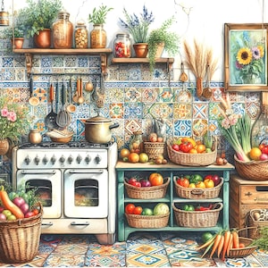 May include: A white vintage stove with a double oven in a kitchen with a colourful tiled backsplash. The stove is surrounded by baskets of fresh produce, including tomatoes, carrots, and peppers. There are also jars of preserved food on a shelf above the stove.