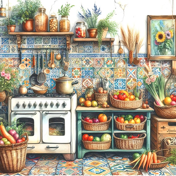 Watercolor Boho Kitchen Clipart Kitchen Vintage Clip Art Watercolor Boho Clipart Bundle Digital Download Printable Wall Art