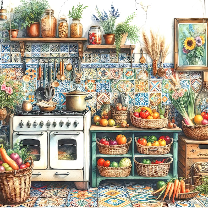May include: A white vintage stove with a double oven in a kitchen with a colourful tiled backsplash. The stove is surrounded by baskets of fresh produce, including tomatoes, carrots, and peppers. There are also jars of preserved food on a shelf above the stove.