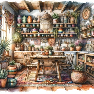 Watercolor Boho Kitchen Clipart Kitchen Vintage Clip Art Watercolor ...