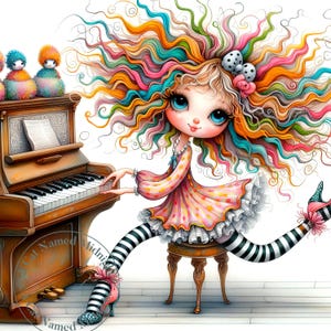 Imágenes prediseñadas de una pianista extravagante, 12 archivos JPG de alta calidad, conjunto de 2 imágenes prediseñadas de acuarela de una pianista extravagante, descarga digital, imprimible