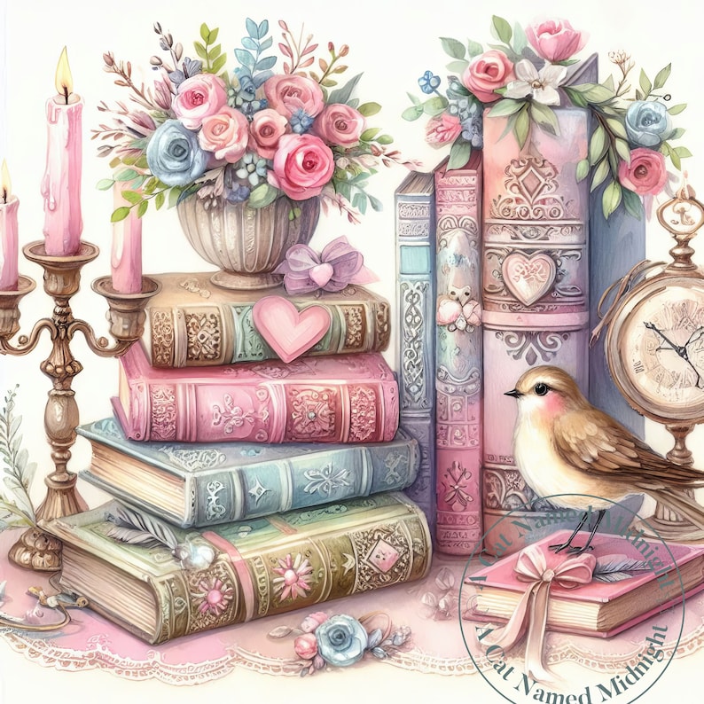 10 Shabby Chic Books and Birds Clipart Images Watercolor Book Lover ...