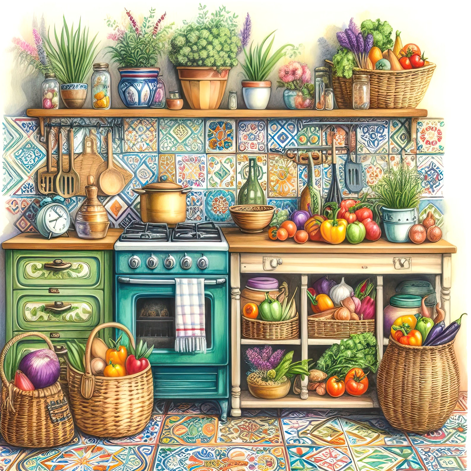 Watercolor Boho Kitchen Clipart Kitchen Vintage Clip Art Watercolor ...