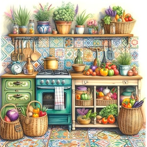 May include: A vintage green kitchen with a blue stove, a wooden worktop, and a tiled splashback. The kitchen is decorated with plants, jars, and baskets of produce.