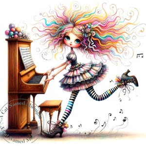 Può includere: Un'illustrazione stravagante di una ragazza che suona il pianoforte. La ragazza ha capelli vibranti e multicolori e indossa un vestito a strati con calze a righe. Sono presenti anche un pianoforte e uno sgabello di legno, con note musicali fluttuanti.