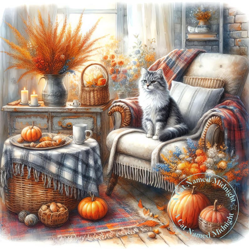 Clipart automne confortable chats 10 Images aquarelle chat Clip Art Floral automne chats vintage téléchargement numérique image 8