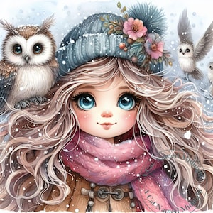13 Quirky Girl and her Owl Clipart Whimsical Watercolor Clip Art Christmas Images Nursery Digital Download Snow Girl and Her Owl