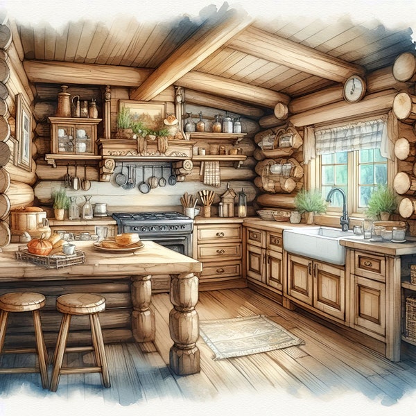 Watercolor Rustic Log Cabin Kitchen Clipart Country Kitchen Vintage Clip Art Watercolor Clipart Bundle Digital Download Printable Wall Art