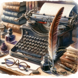 May include: Watercolor illustration of a vintage typewriter with a sheet of paper, inkwells, a quill pen, and round eyeglasses. The scene includes stacks of books in the background, creating a classic writer's workspace.