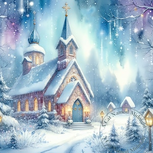 Église en hiver Clipart Bundle 10 aquarelle vintage Clip Art carte de Noël Images d'église à télécharger Junk Journal Scrapbook Snowy Xmas