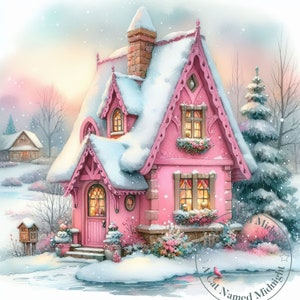 Pink Christmas Cottage Clipart 14 JPG Xmas Houses Clip Art Snowy Cottage Clipart Bundle Digital Download Printable Christmas Card Snow