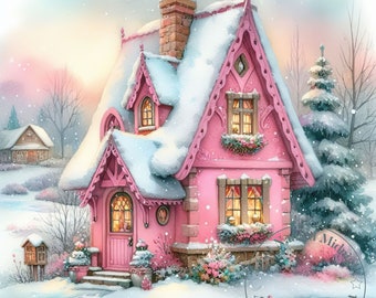 Pink Christmas Cottage Clipart 14 JPG Xmas Houses Clip Art Snowy Cottage Clipart Bundle Digital Download Printable Christmas Card Snow