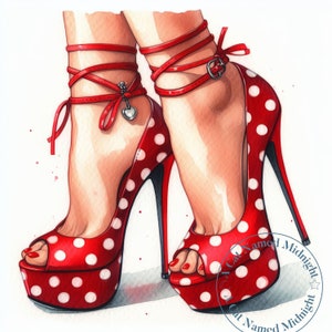 12 Red and White Polka Dot High Heels Clip Art JPG Watercolor High Heels Clipart Bundle Womens Shoe Images Prom Quinceanera Downloadable