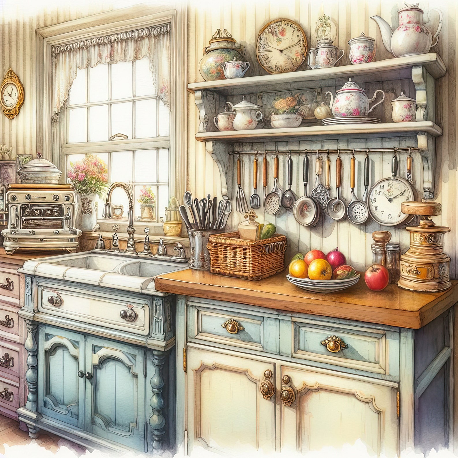 Watercolor Shabby Chic Kitchen Clipart Cottage Kitchen Counters Vintage ...