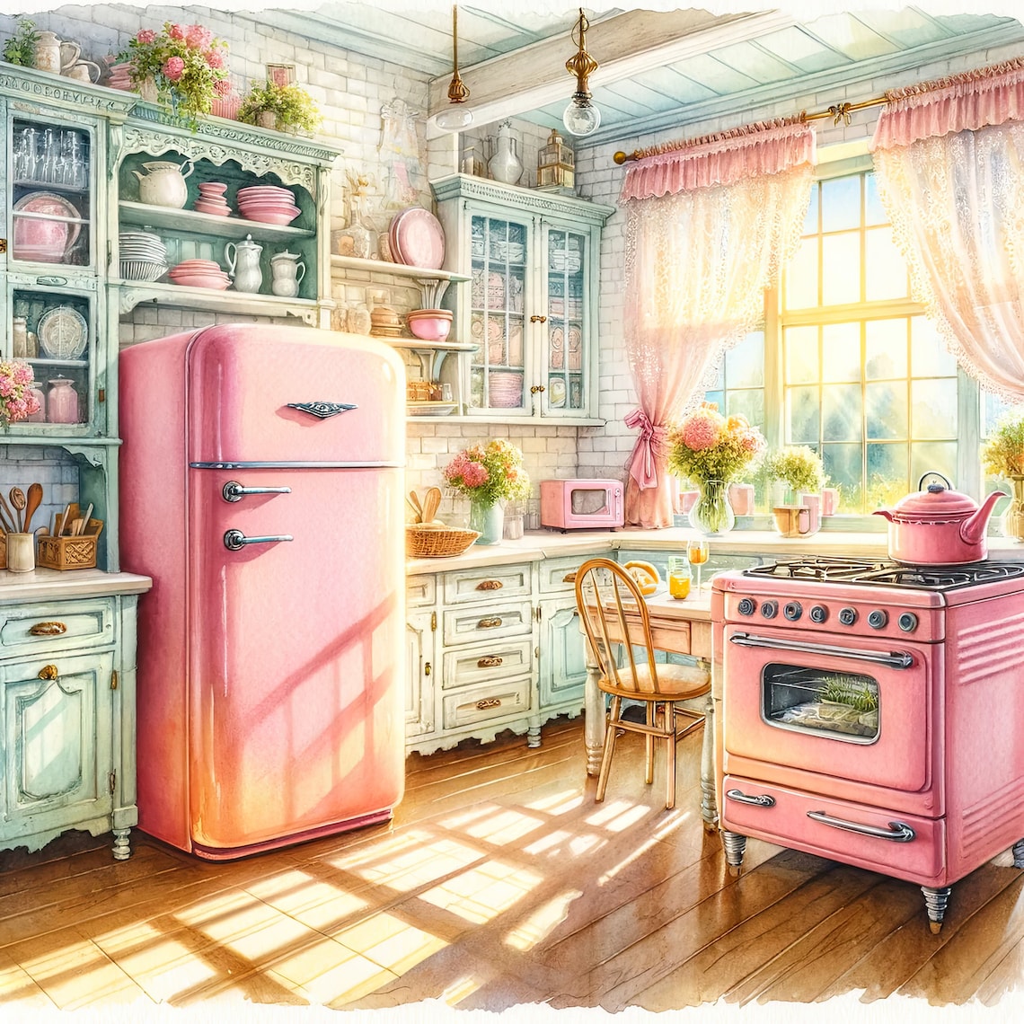 Watercolor Shabby Chic Retro Kitchen Clipart Pink Kitchen Vintage Clip ...