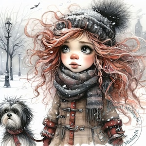 Cute Little Girl Walking Her Dog in New York City Clipart 12 JPGs Watercolor Clipart Images Digital Download Printable Wall Art