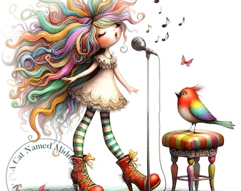 May include: A colorful illustration of a girl with long, rainbow hair singing into a microphone. She is wearing a white dress, green and white striped stockings, and red shoes. A small bird with rainbow feathers sits on a colorful stool.