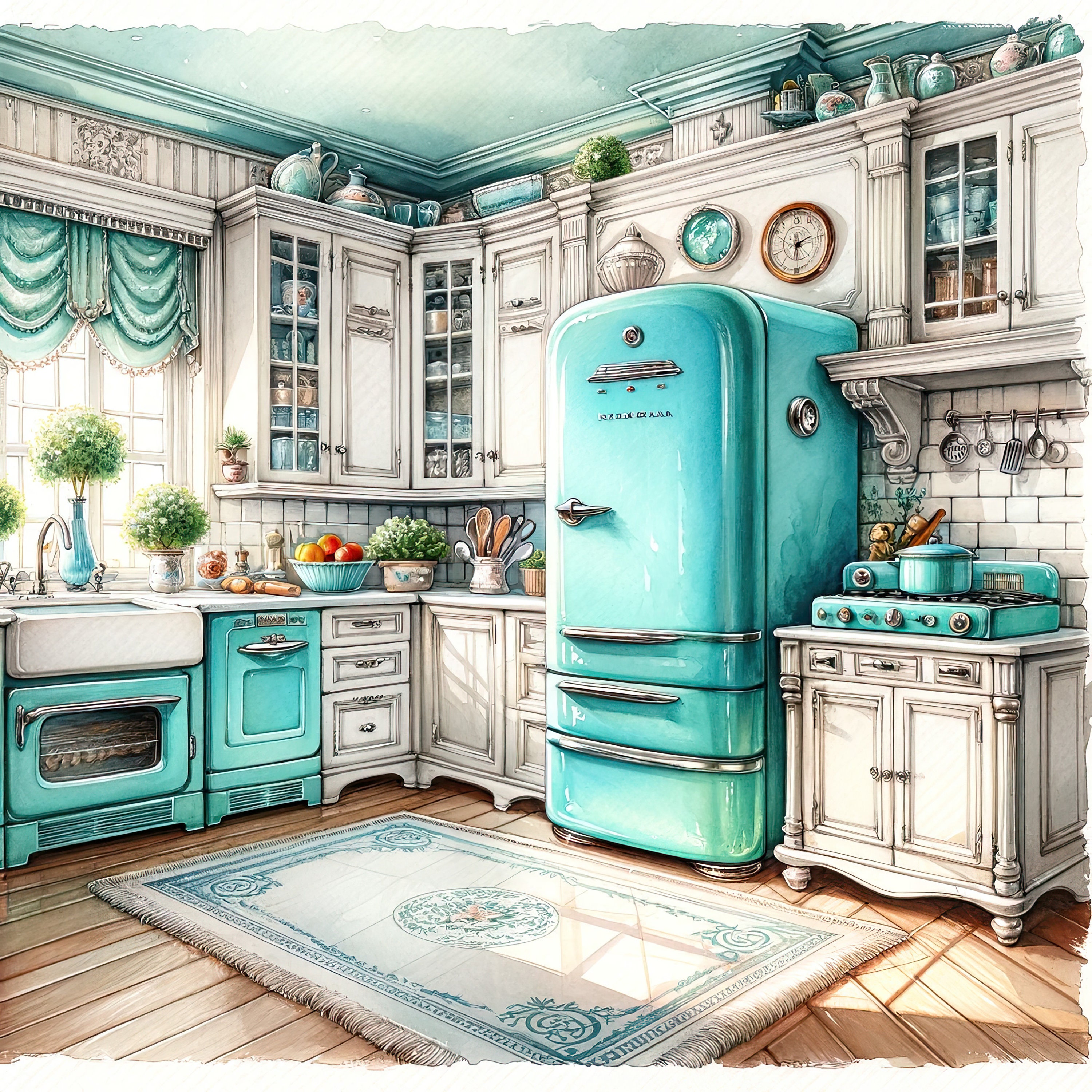 Watercolor Kitchen Clipart Turquoise Shabby Chic Kitchen Vintage Clip ...