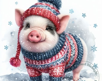Baby Pigs in Christmas Sweaters Clipart 16 JPG Watercolor Xmas Pigs Clip Art Christmas Images Clipart Bundle Digital Download Printable