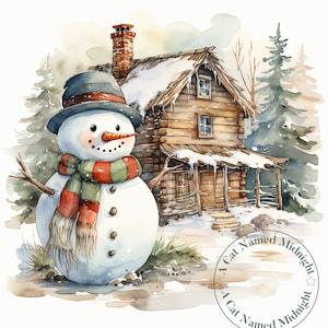 Bonhommes de neige devant une cabine des cliparts 10 JPG Noël bonhomme de neige Clip Art Noël en téléchargement numérique Carte de Noël Images Bonhomme de neige rustique pays